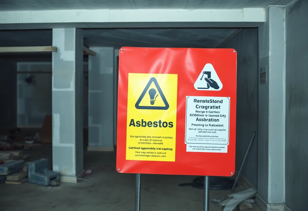 Construction site with asbestos warning signs during renovation in Chattanooga