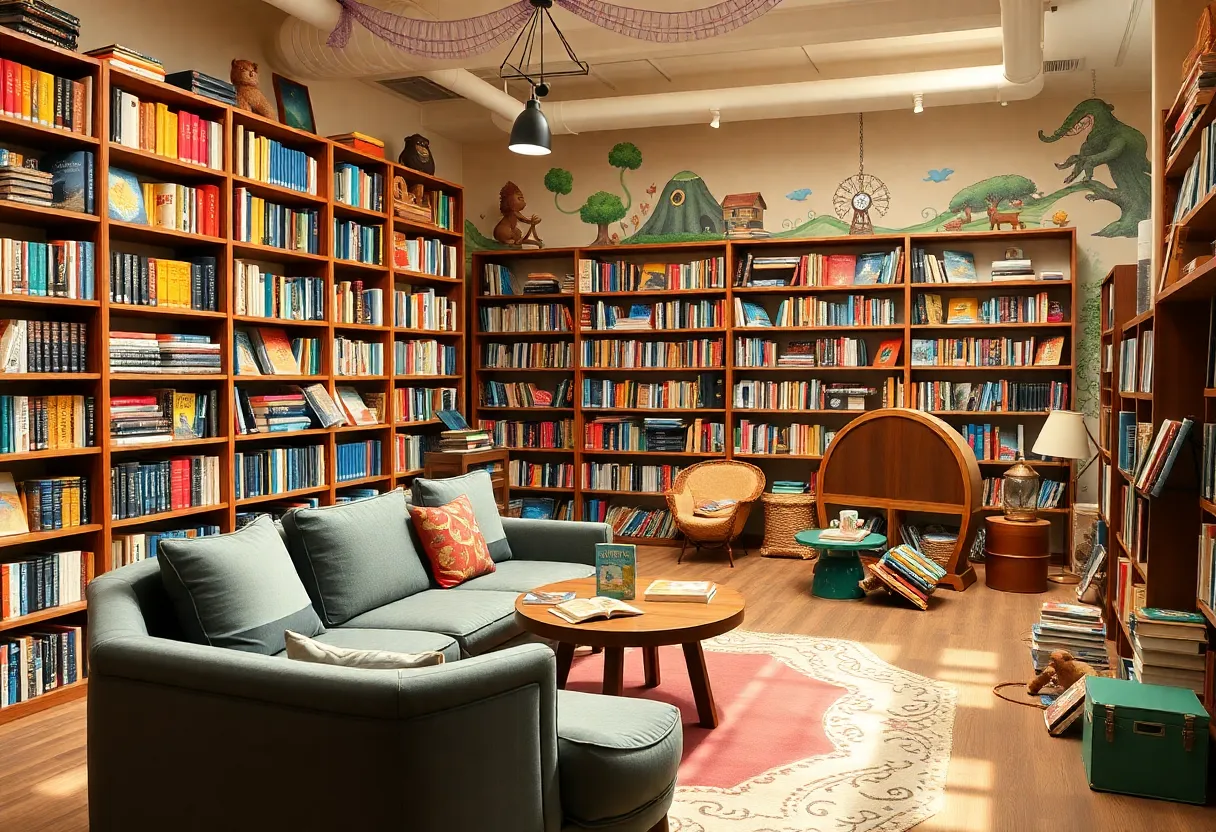 Interior view of The Book & Cover bookstore with cozy seating and bookshelves