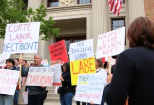 Chattanooga City Council meeting with labor rights signs