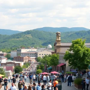 A bustling scene of Chattanooga with tourists around attractions