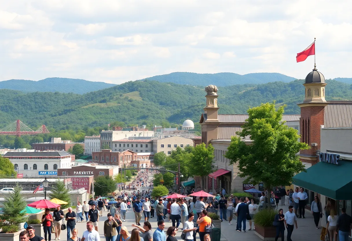 A bustling scene of Chattanooga with tourists around attractions