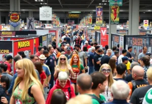 Vibrant scene from the Chattanooga Comic Con with fans and booths.