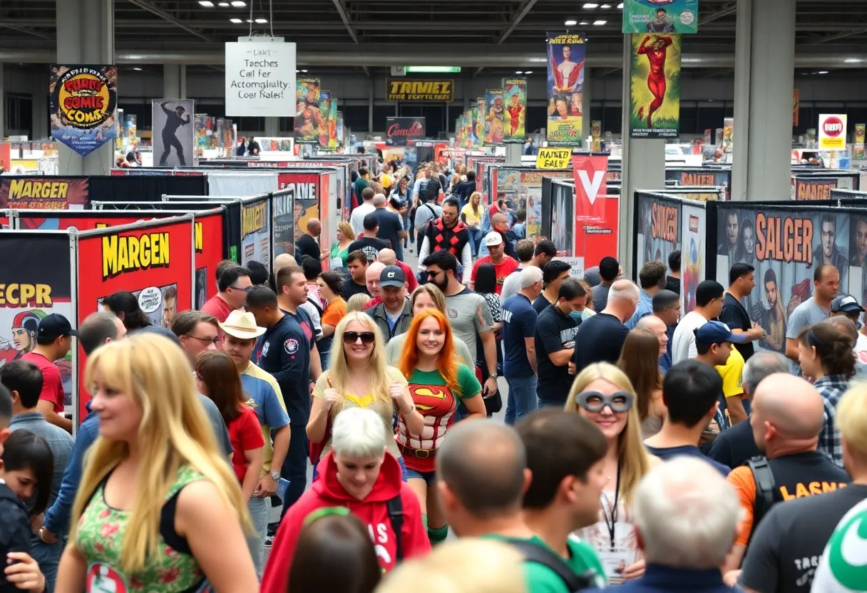 Vibrant scene from the Chattanooga Comic Con with fans and booths.