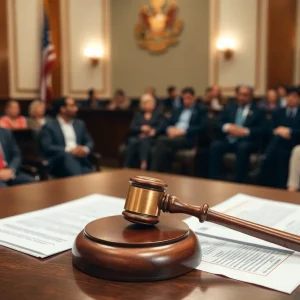 Inside a courtroom with legal documents and a gavel
