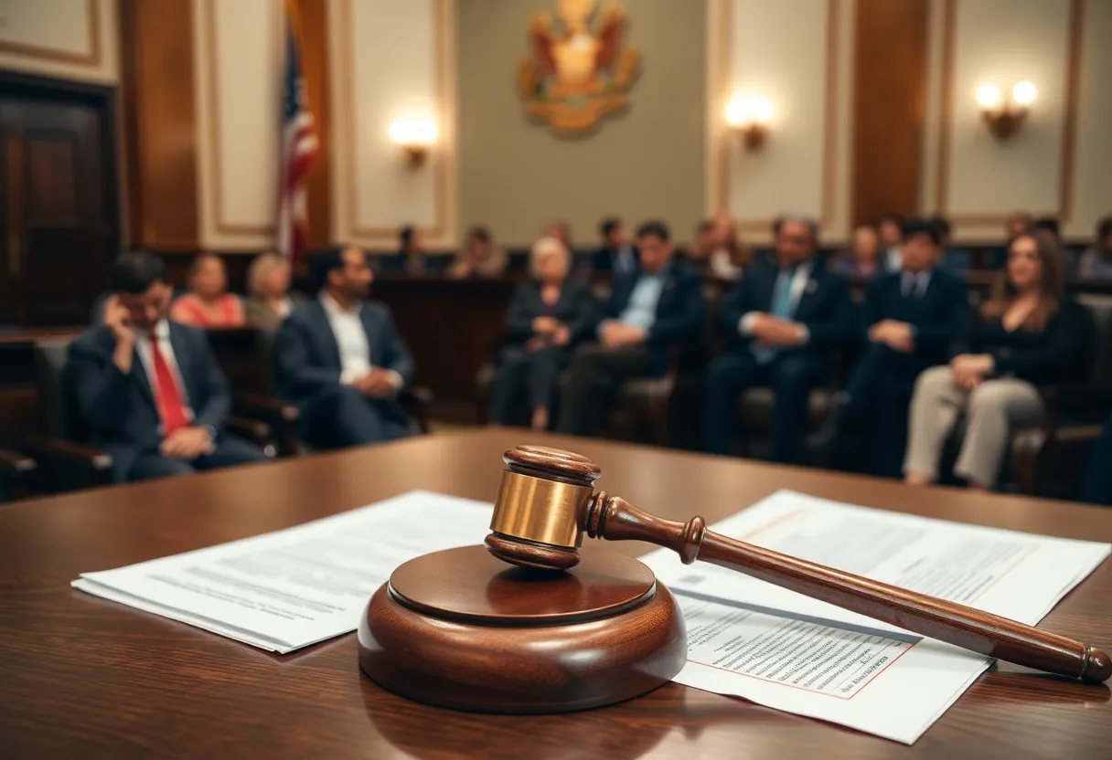 Inside a courtroom with legal documents and a gavel