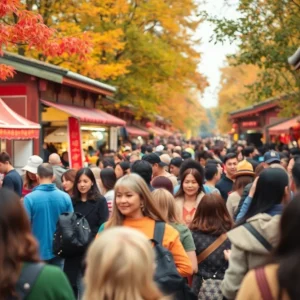 A scene from Chattanooga Culture Fest with diverse cultures represented in autumn foliage.