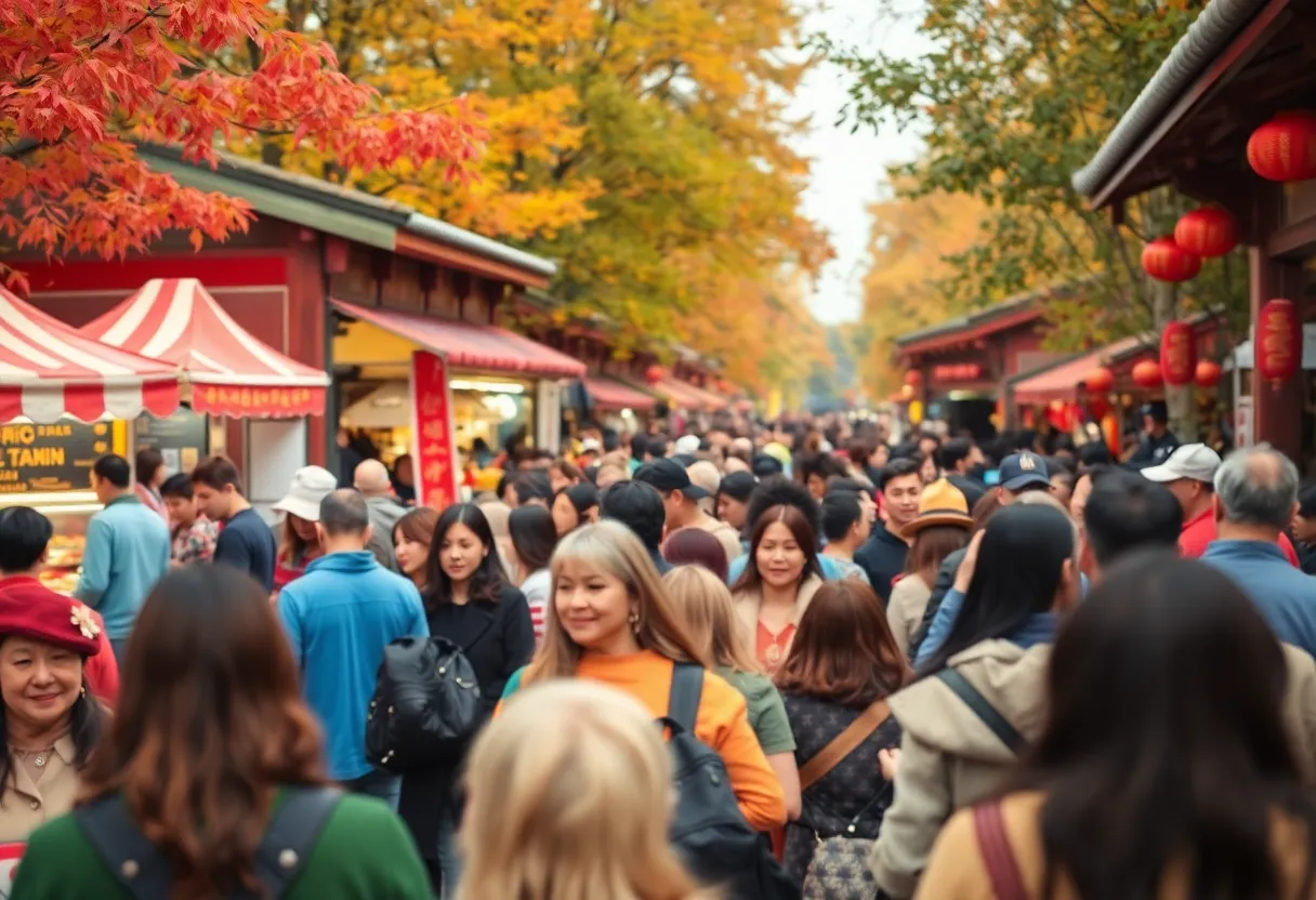 A scene from Chattanooga Culture Fest with diverse cultures represented in autumn foliage.
