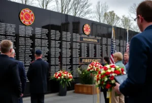 A memorial service honoring firefighters, featuring a tribute wall and community members.