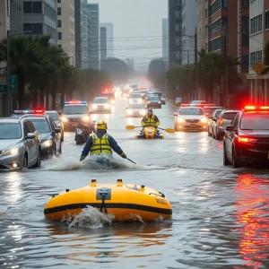 Emergency responders rescuing people from floodwaters in Chattanooga
