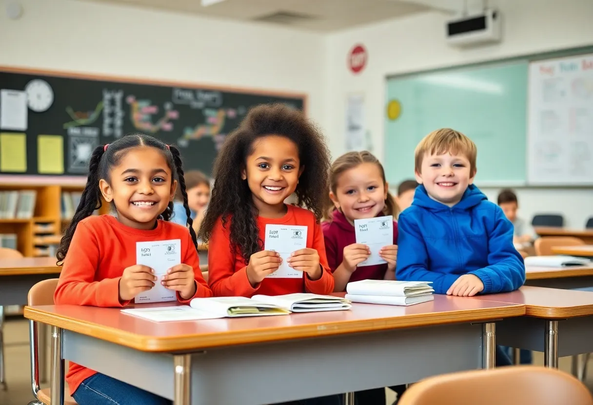 Students in a classroom learning about finances and savings.