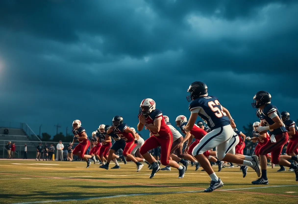 High school football players in action on the field