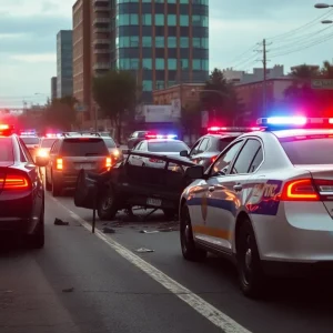 Scene of a high-speed chase in Chattanooga with police presence and wrecked vehicles.