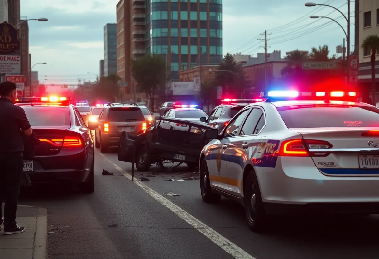 Scene of a high-speed chase in Chattanooga with police presence and wrecked vehicles.