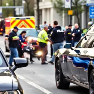 Scene of a hit-and-run investigation in Chattanooga with police and emergency responders