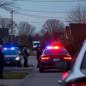 Police lights in a suburban neighborhood