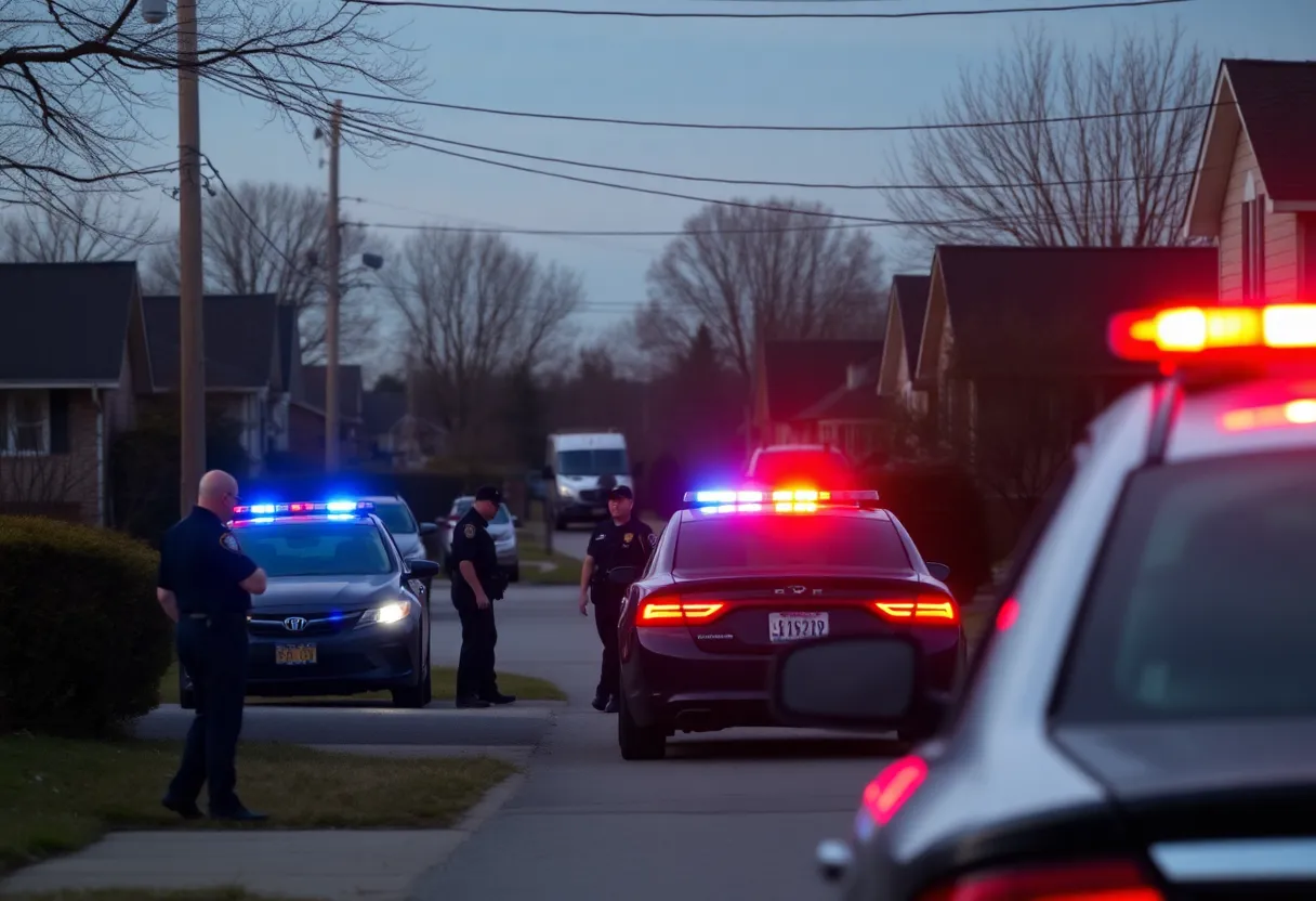 Police lights in a suburban neighborhood