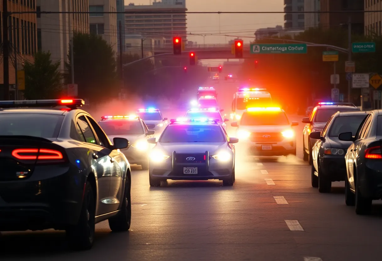 Scene of a high-speed police chase in Chattanooga with flashing lights