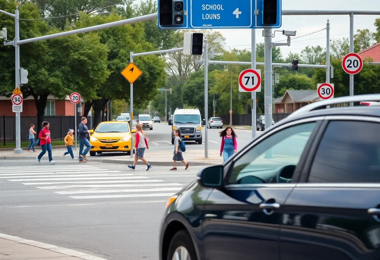 Traffic cameras in a school zone with children and vehicles