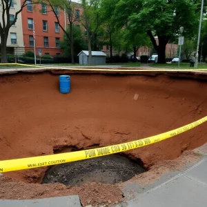Large sinkhole with caution tape and barrels in Chattanooga