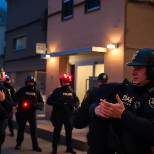 SWAT team surrounding a building during a tense standoff in Chattanooga.