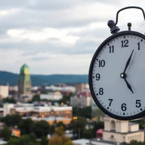 Clock showing Central and Eastern time zones with Chattanooga skyline.