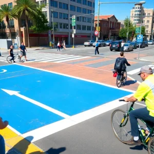 Volunteers painting blue intersections for traffic safety in Chattanooga