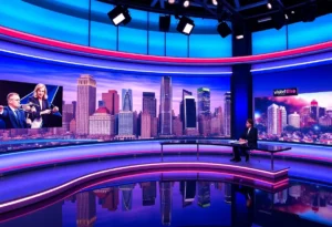 Modern television studio overlooking a city skyline