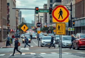 Urban street scene in Chattanooga emphasizing pedestrian safety