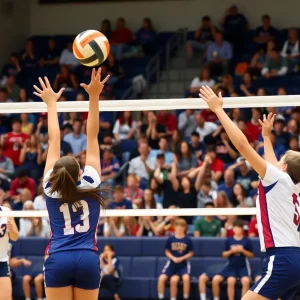 Players in action during a high school volleyball match