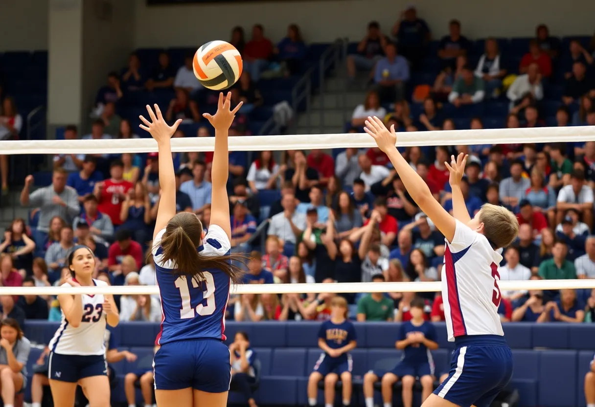 Players in action during a high school volleyball match