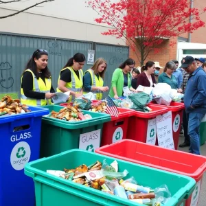 Community members participating in Chattanooga's waste management program with recycling bins.