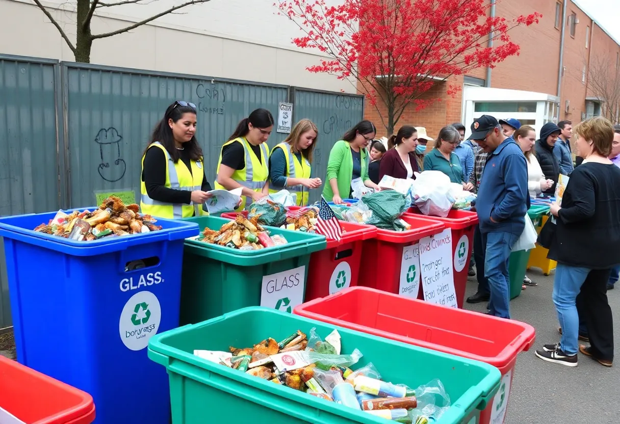 Community members participating in Chattanooga's waste management program with recycling bins.