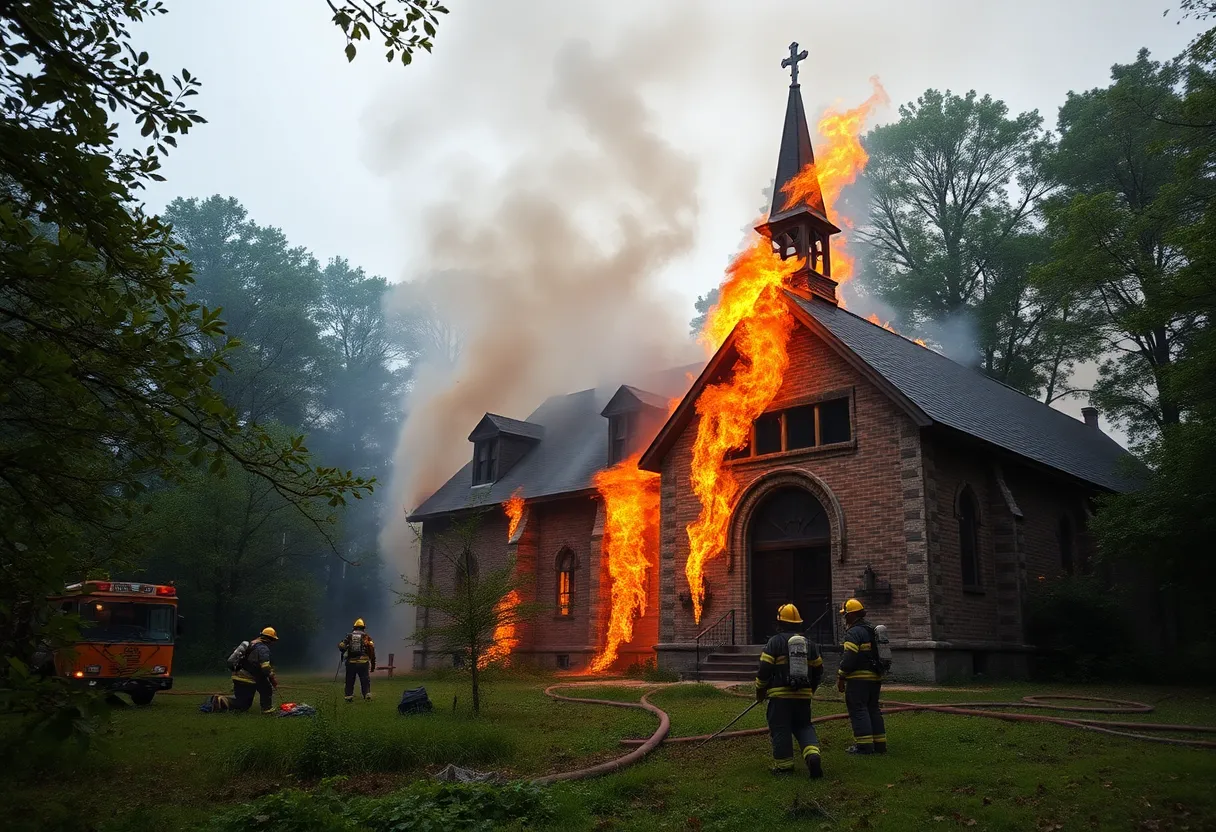 Firefighters battling a woods fire near Greater Emmanuel Apostolic Church in Chattanooga.