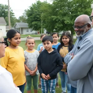 A group of concerned citizens discussing child safety in a community setting.