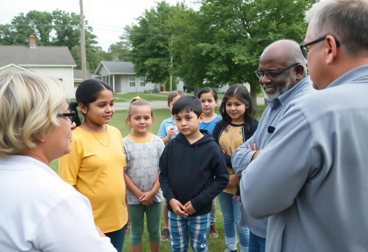A group of concerned citizens discussing child safety in a community setting.