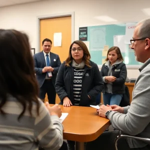 Parents and school officials discussing safety measures in an office