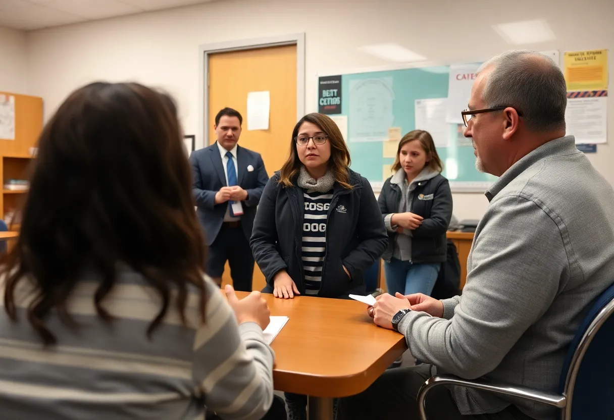 Parents and school officials discussing safety measures in an office