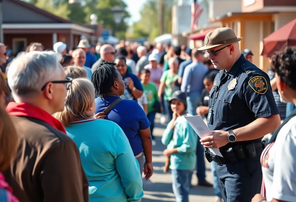 Residents interacting with law enforcement officers at a community event