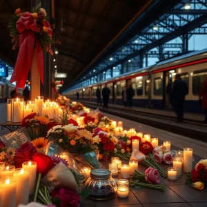 Candles and flowers at a train station memorial for a Ukrainian refugee