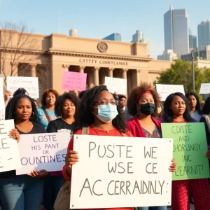 Community members holding signs for police accountability outside city council