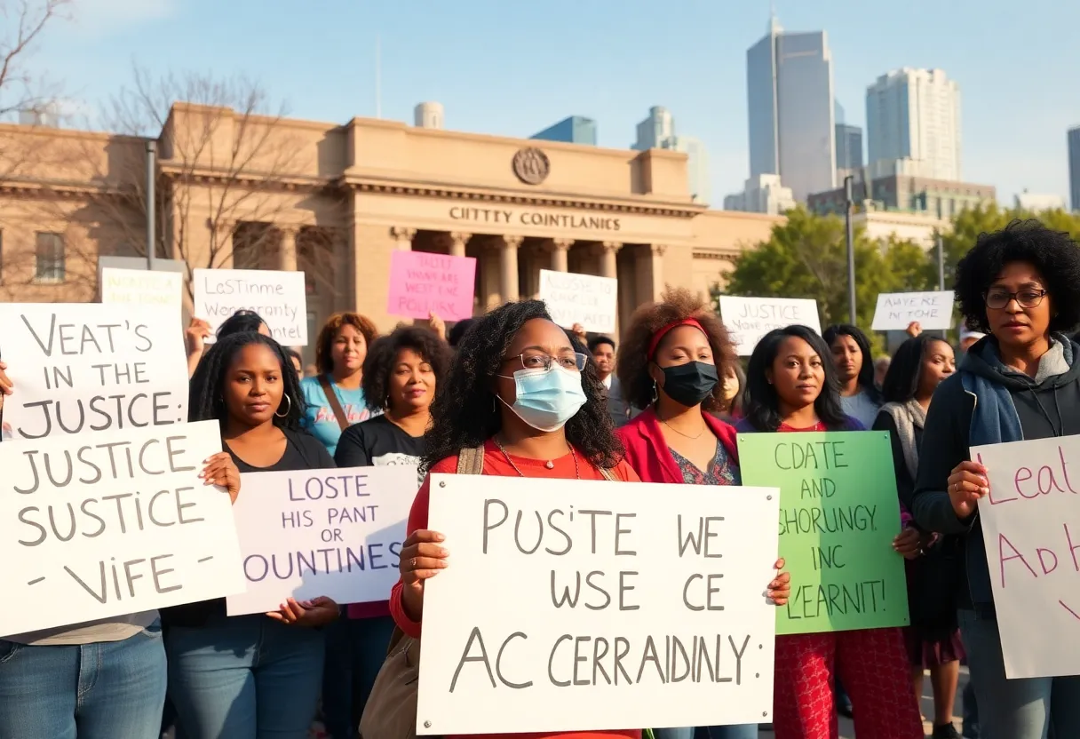Community members holding signs for police accountability outside city council