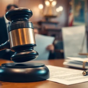 Depiction of a courtroom with gavel and legal documents