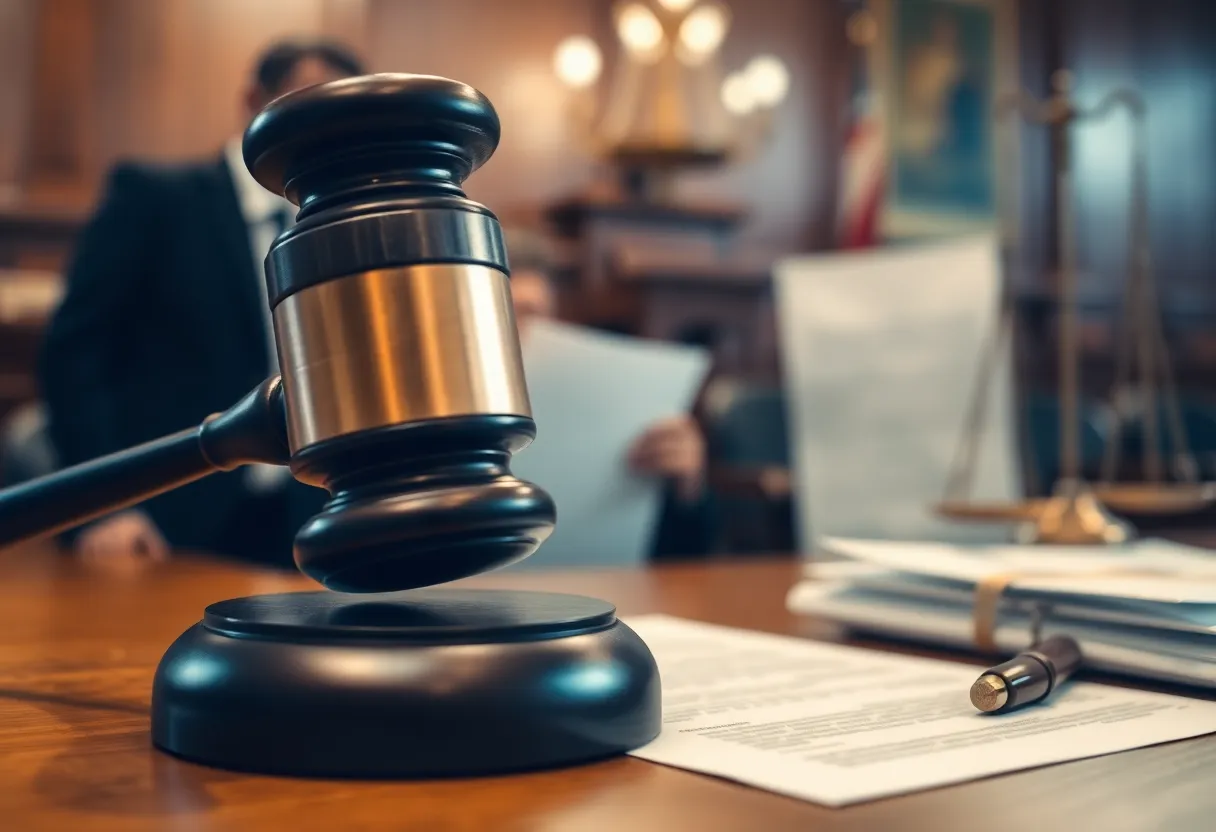 Depiction of a courtroom with gavel and legal documents