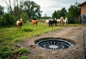 Storm drain with goats nearby, highlighting animal welfare concerns in Chattanooga.