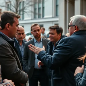 People debating issues related to cancel culture in a public space.