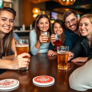 Group of friends at a bar focusing on drink safety