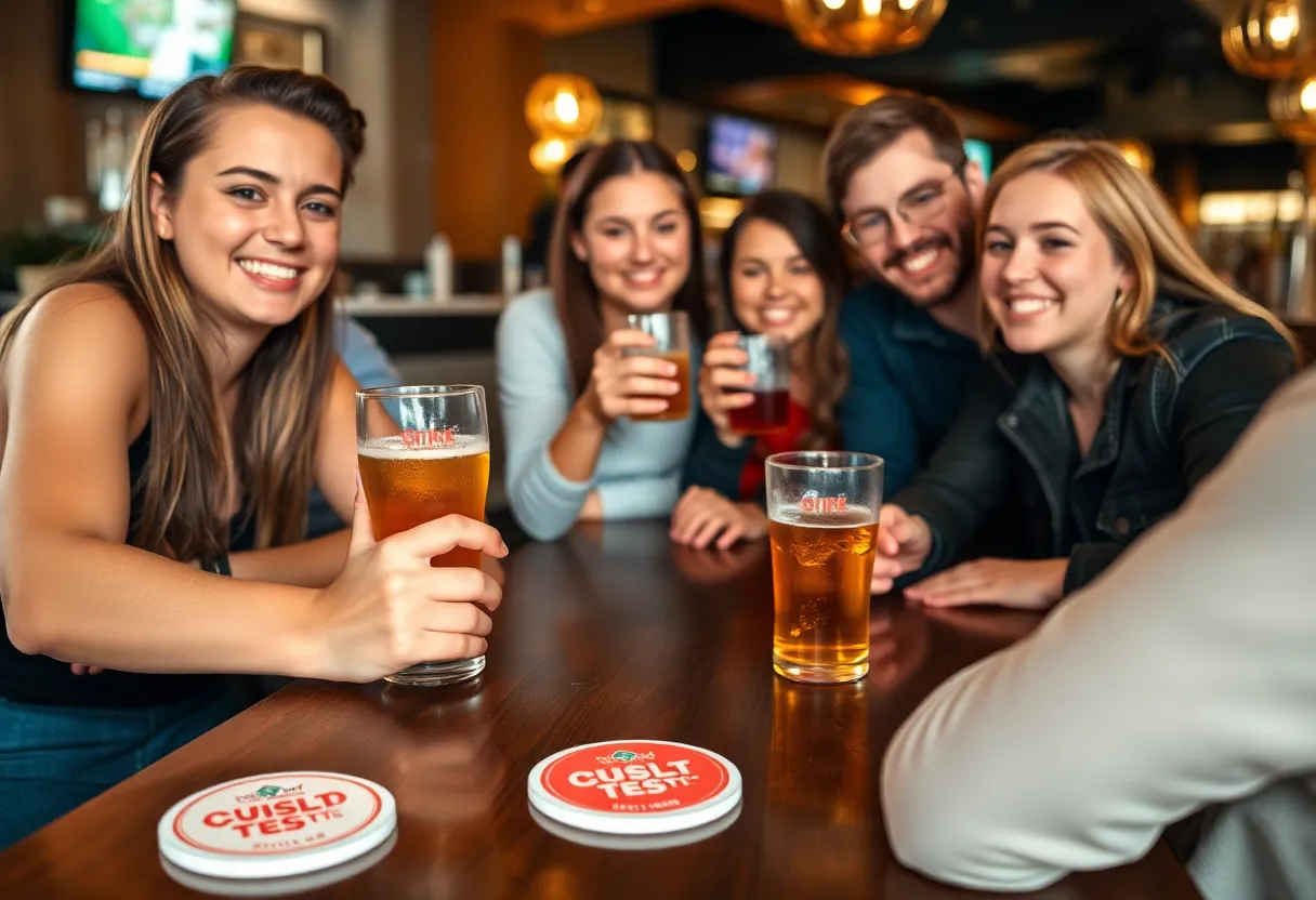 Group of friends at a bar focusing on drink safety