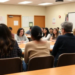 Parents and students discussing mental health services at a school board meeting.