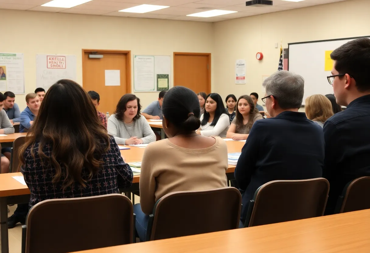 Parents and students discussing mental health services at a school board meeting.