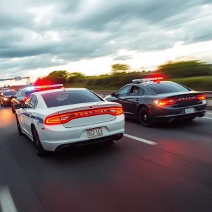 Police cars engaged in a high-speed chase on a highway